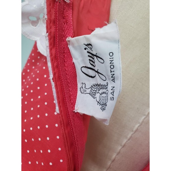 VTG 70s Jay's Maxi Dress Red Polka Dot Eyelet Lace Prairie Cottagecore Waist Tie - Picture 10 of 10
